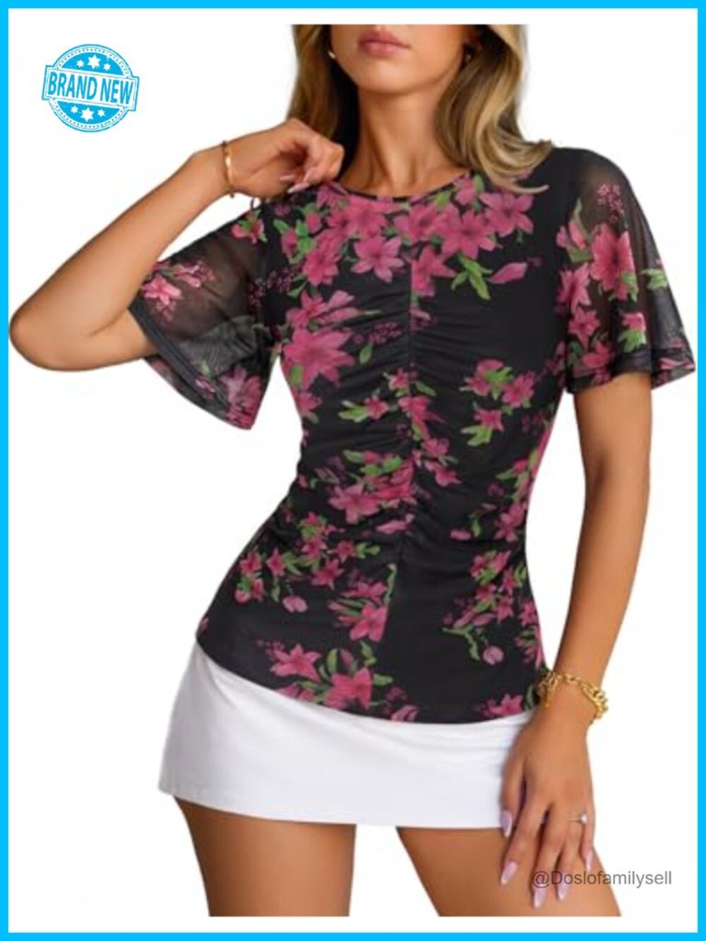 Women's Mesh Floral Top Bell Sleeve Ruched Blouse